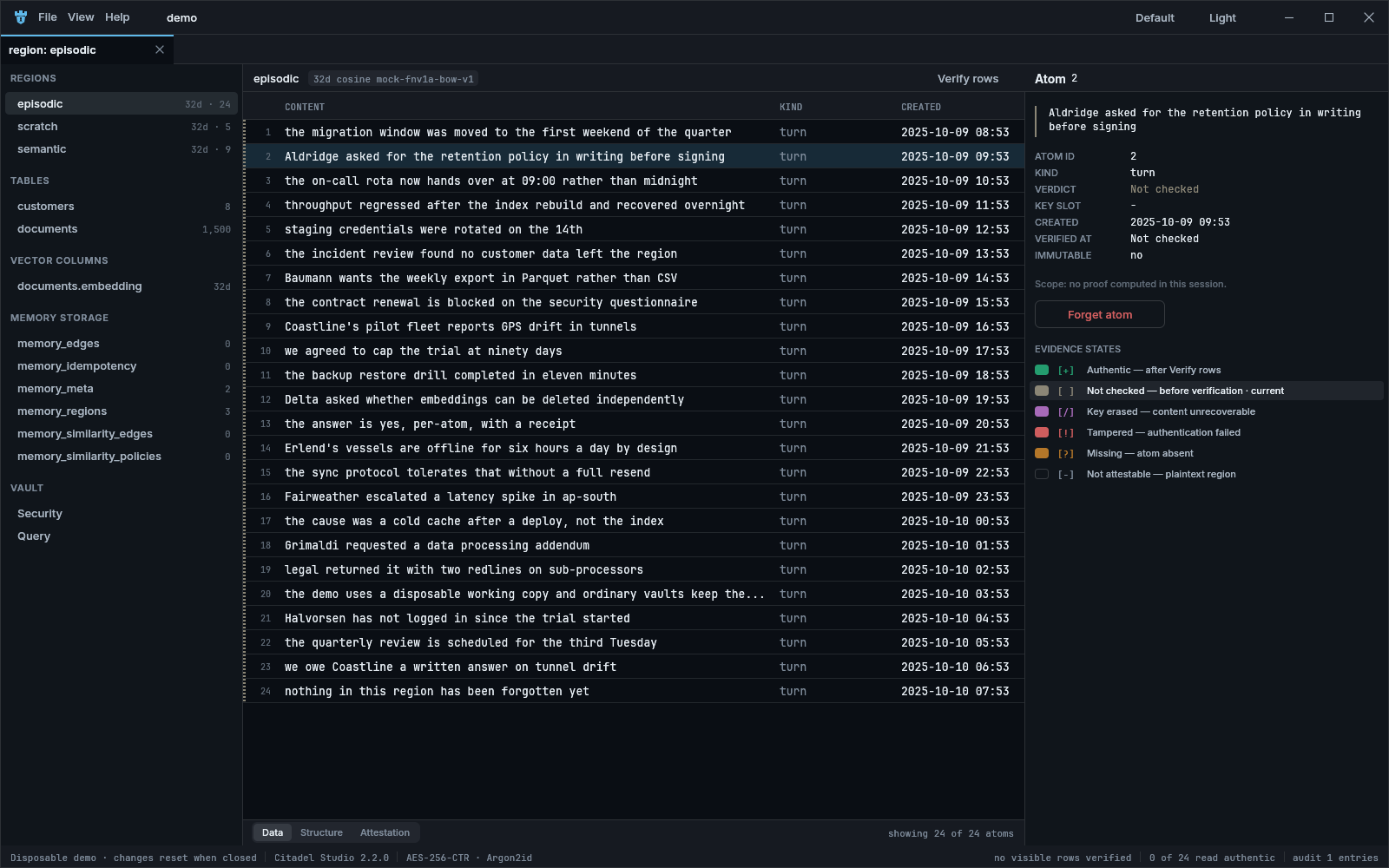 Citadel Studio showing stored memory and integrity results